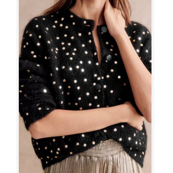 Sezane Talitha Cardigan Small Black/Gold Dots French Causal Knit Soft - Picture 4 of 11